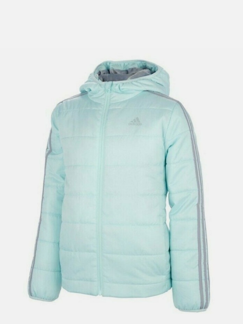 adidas Kids Mint Hooded Puffer Jacket with gray Stripe Accents